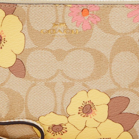 🌸 Corner Zip Wristlet In Signature Canvas With Floral Cluster Gold/Light knaki - Picture 5 of 11